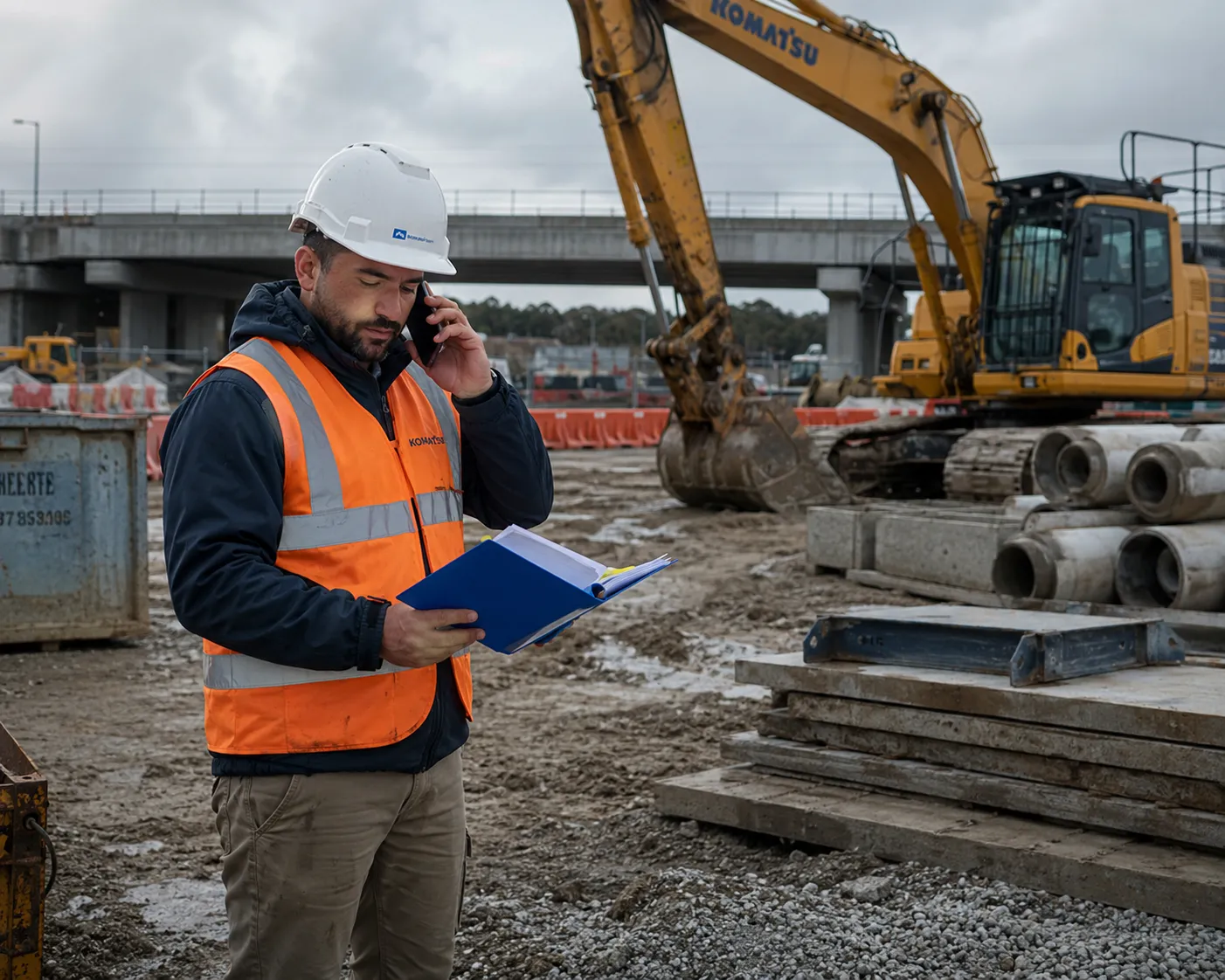 Subcontractor on a civil construction site reviewing paperwork while coordinating on the phone.