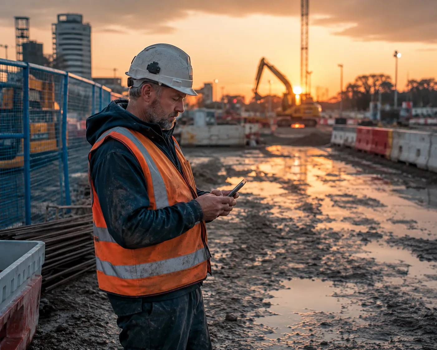 Site supervisor or foreman in high-visibility gear managing work on a busy construction site.