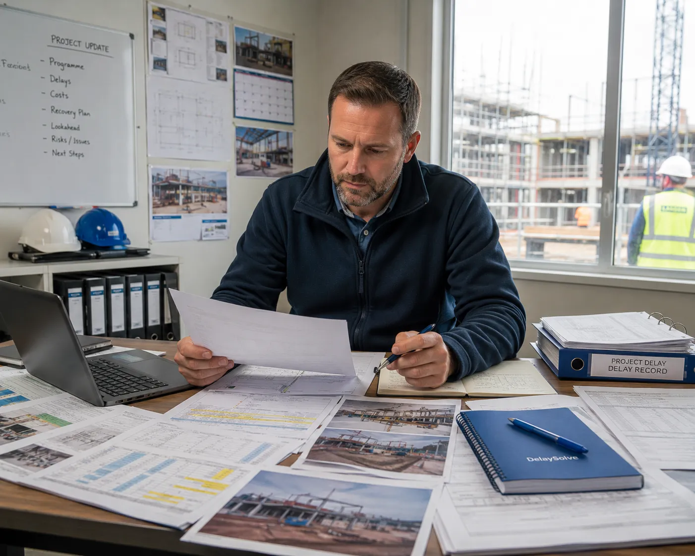 Project manager reviewing schedules and site documentation for multiple work fronts.